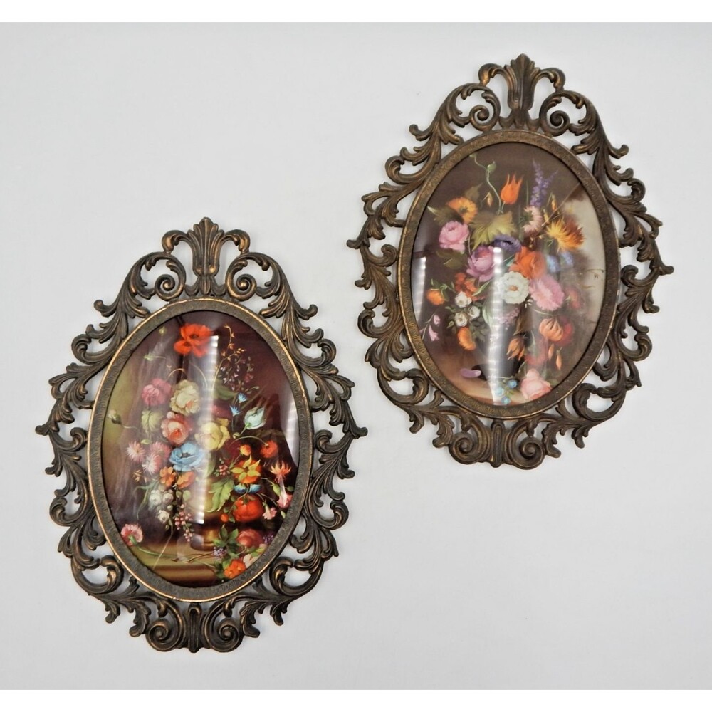 Vintage Italian Ornate Framed Floral Prints Oval Convex Glass Metal Baroque Pair